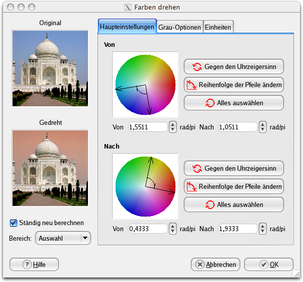 Haupteinstellungen für das Filter Farben drehen